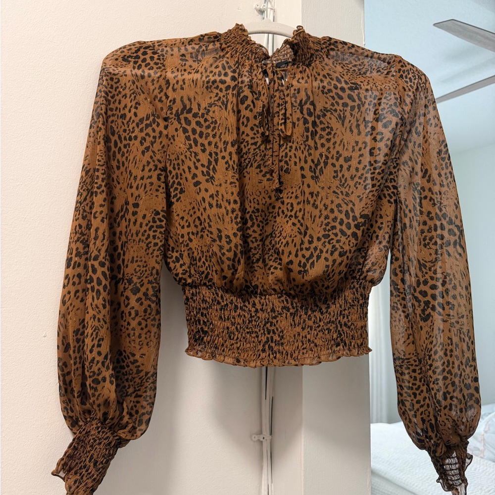 Brown Leopard Print Smocked Waist Blouse